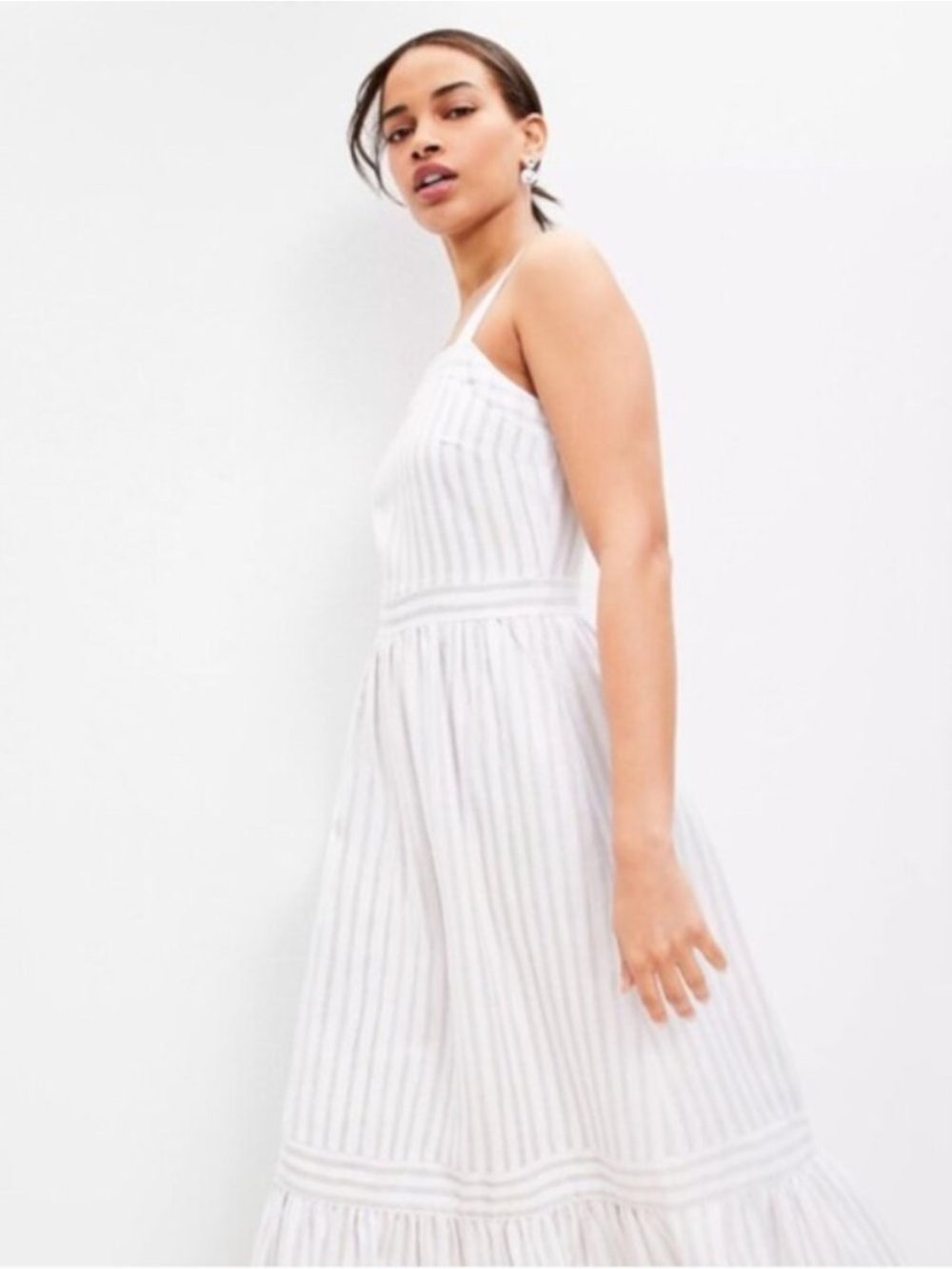 NWT LOFT Shimmer Striped White and Light Gray Maxi Linen Blend Dress - Picture 3 of 8